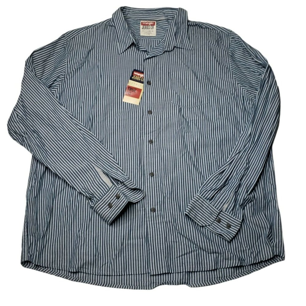 Wrangler Mens True Fit Shirt 3XL Slim Fit Blue Striped Long Sleeve Button Up